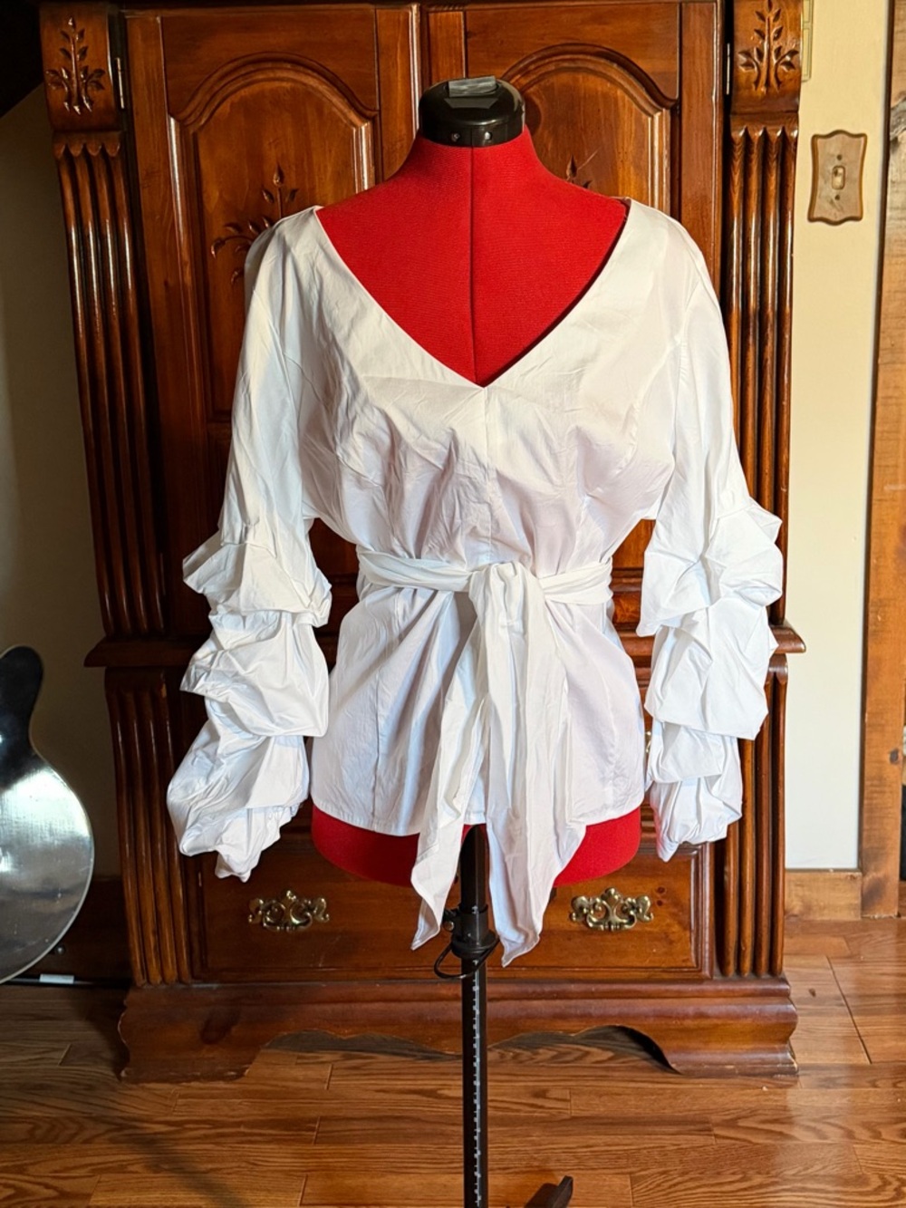 White House Black Market White Ruffle-Sleeve Tie-Waist Wrap Blouse